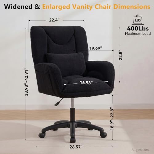 Image of FOXHUNTER Vanity Chair with Ergonomic Back & Wheels, 360 Swivel Accent Chair, Adjustable Height Home Office Chair for Living Room, Bedroom,Teddy Black(Upgraded Oversized)