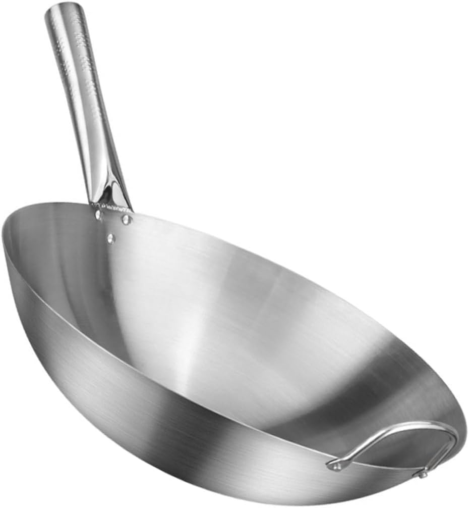 Single Handle Stainless Steel Round Bottom Wok Skillet Lid Kitchen Utensil