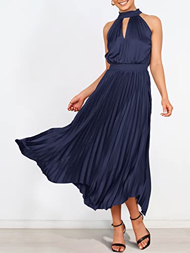 Anrabess Women's Sleeveless Cutout Halter Neck Satin Formal Dress Smocked Pleated Asymmetric Party Cocktail Maxi Dress Elagant Wedding Guest Evening Graduation Prom Dress 752Zanglan-L Navy Blue #TOP5