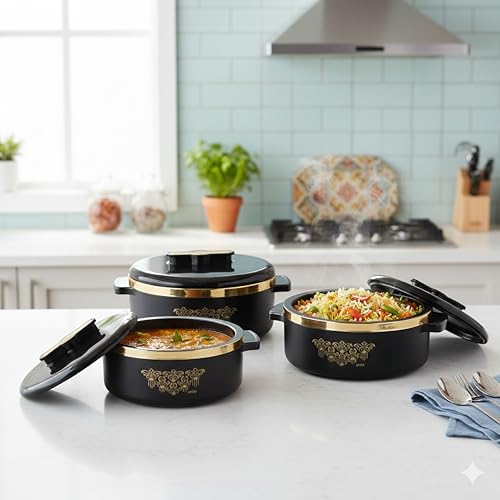 Image of CELLO Exotic Insulated Casserole Set of 3, (500ml, 1000ml, 1500ml) Black | Double Walled, PU Insulated | Hot Pot Case Keeps Food Fresh & Hot For Long Hours | Casserole Set For Roti, Chapati, Rice