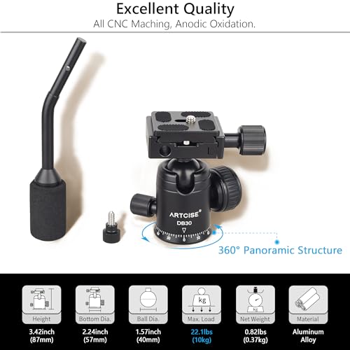 ARTCISE Camera Tripod Ball Head with Quick Release Plates & Phone Clip, 360° Panoramic, Max 10kg