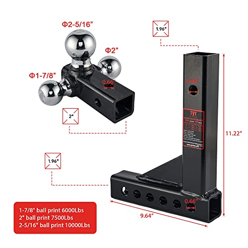 Tyt Adjustable Trailer Hitch Towing Ball Mount, Tri-Ball (1-7/8" X 2" X 2-5/16"), Fits 2" Receiver, 5" Drop/Rise, 10,000 Lbs Gtw, Tow Hitch For Heavy Duty Truck, Solid Ball Mount #TOP2
