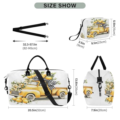 Travel Gym Bag, Lemon Yellow Old Fashioned Truck Weekender Overnight Duffle for Women with Toiletry Bag Travel Swim3