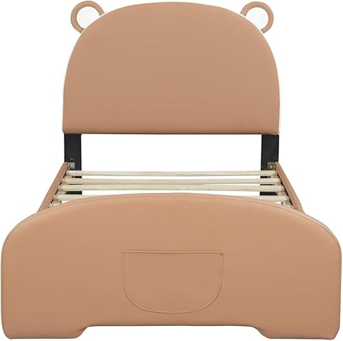 Miniatura 4 de Cama de plataforma tamaño individual, moderna cama infantil tapizada en forma de oso de dibujos animados con cabecero y estribo para habitación de