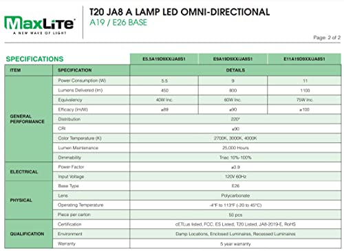 Maxlite 9 Watt Led Ja8 Compliant Med Base 2700K Warm White Dimmable 25,000Hr Light Bulb #TOP4