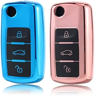 Betterher Etui na kluczyki samochodowe z 3 przyciskami, kompatybilne z VW Golf, etui na klucze, kompatybilne z Volkswagenami Polo, Passat, Skoda Seat (2 szt. niebieskie + różowe etui na klucze)
