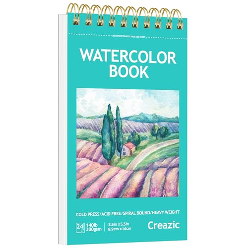 Creazic Small Watercolor Sketchbook, 3.5" x5.5”(140lb/300g), Spiral Bound with Tear Line. Artist Water Color Paper, Portable Travel Notebook for Watercolor or Quick Sketch - Ideal for Kids & Adults