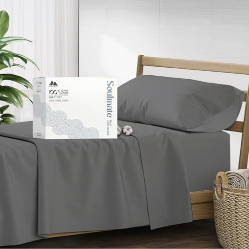 Mayfair Linen Twin Sheet Sets Cotton - Luxury 500 Series Soulmate Collection 100% Egyptian Cotton Twin Sheets (3 PC, Dark Grey), Extra Soft, Cooling, Sateen Weave, 16" Deep Pocket Hotel Bed Sheet Set