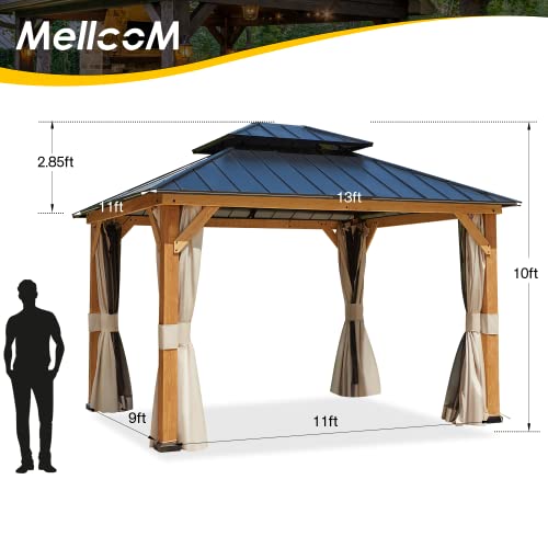 Mellcom 13' X 11' Hardtop Cedar Wood Gazebo For Patios, Outdoor Cedar Framed Gazebo With Double Metal Roof, Solid Wooden Framed Gazebo With Privacy Curtains And Mosquito Nettings For Garden, Backyard #TOP5