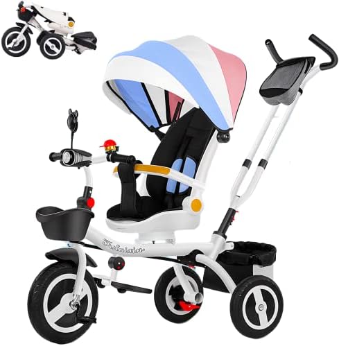 Toddler Tricycles 4 in 1 Stroller – Foldable Push Trike and Kid’s Tricycle- Removable Canopy Detachable Guardrail Retractable Foot Plate for Ages 10 Months to 6 Years,Rainbow