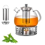 Teekanne mit Stövchen & Siebeinsatz 1500ml, Glas Teekanne mit Edelstahl-Teewärmer, Borosilikatglas Teekanne Glas mit Sieb für losen Tee, Früchtetee – Glasteekanne für Herdplatte & Teelicht