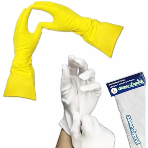 Gloves Legend Ultimate Cleaning Bundle - 12 Pairs Large White 100% Cotton Gloves & 3 Pairs Yellow Nitrile Household Cleaning Gloves - Ideal for Cleaning Sessions Cover