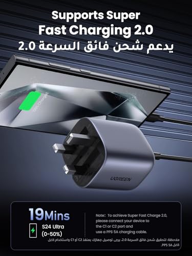 شاحن يوجرين بقوة 65 واط بمنفذ تايب سي، مزود بـUSB-A وثلاثة منافذ USB-C، شواحن راس متنقل بتقنية GaN،الشاحن ايفون، متوافق مع iPhone 17 Pro Max، وجهاز ماك بوك Air، وiPad، وLenovo، وسامسونج S25 Ultra