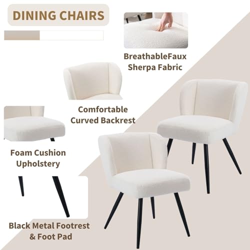 LIVINOVA Mid Century Dining Chair Set of 2 White Sherp Dining Room Chairs with Back Boucle Armless Accent Chair Farmhouse Upholstered Kitchen Chairs Side Chairs for Living Room with Black Legs
