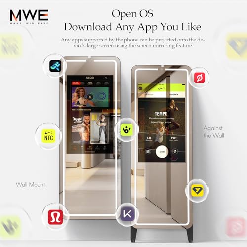 Image of Smart Gym Mirror for Home Workout | 32 inch HD Touch-Screen Andriod 12 OS | 61 inch Reflective Surface | No VIP Fees Support Various APP, Voice Control, Music Sync LED Strip Lights, for Home Gym / Yoga / Dance