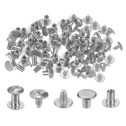 QUARKZMAN 100set Rotondo Piatto Testa Viti Bottoni 5/16 Metallo Perno Vite Rivetti per Fai da Te Pelle Artigianato Rilegatura Argento Tono