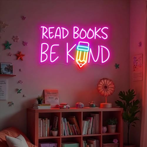 Image of Read Books Be Kind Neon Sign, Classroom LED Light, Library Wall Decor for Kid, Motivational Neon Light, Kindergarten Decor, Custom Neon Sign
