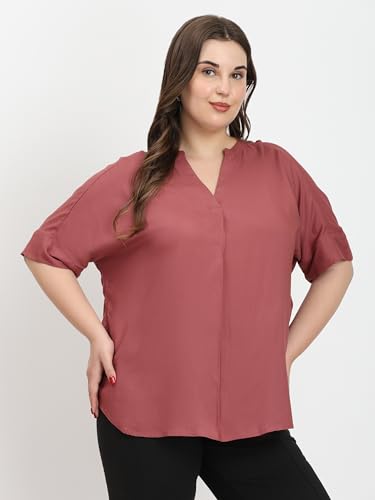 Image of SINDOORI Relaxed Fit Tops for Women Plus Size Solid Printed Mandarin Collar, Band Collar, V-Neck Top, Half Sleeve Loose Fit