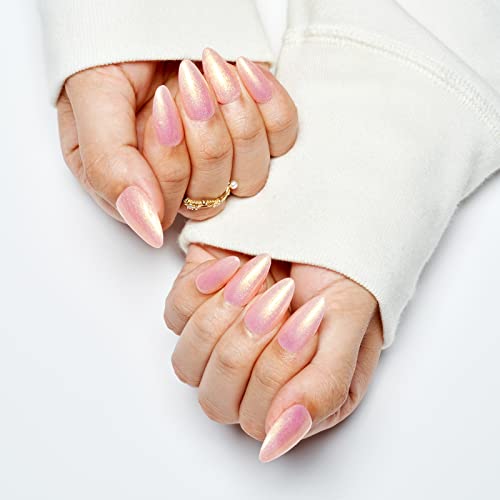 Gel Press On Nails Medium Almond - Glamermaid Handmade Gel Nails Series | Light Pink Glitter Galaxy Fake Nails Summer Shinny Short Stiletto Shimmer Acrylic False Nail Kits Stick Glue On Nails For Women Reusable Wedding Party Nails, 24Pcs #TOP2