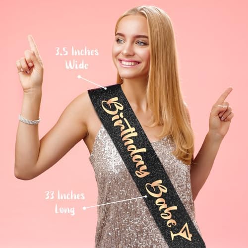 PartyForever Birthday Babe Sash – Black Glitter Sash with Rose Gold Letters & Martini Icon + Luxe Pearl Pin | Birthday Sash for Women | Extra Long, Soft Back, Glam Party Accessory image 5