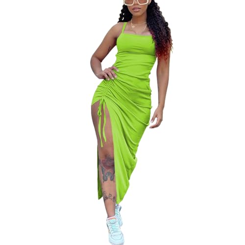 Image of Nimsruc Womens Sexy Summer Dresses Spaghetti Strap Thigh-high Slit Ruched Bodycon Maxi Club Cocktail Party Dress