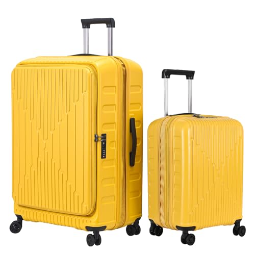 Image of Kaleenie 2 Pieces 20 /29 Luggage Sets, 20 Inch Cabin Luggage with Front Pocket and 29 Inch Side Opening Checked Trunk Suitcase, Lightweight ABS+PC Hardshell, TSA Lock with HINOMOTO 360 Wheels, Yellow