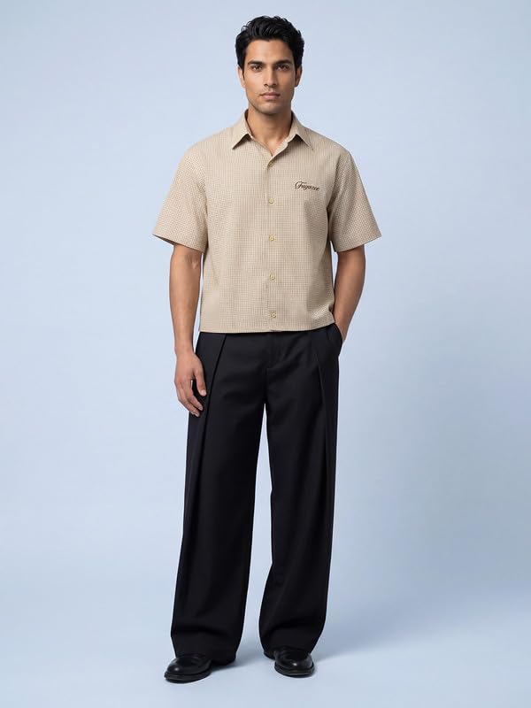 Image of FUGAZEE Sand Cotton Gingham Cropped Short Sleeve Shirt