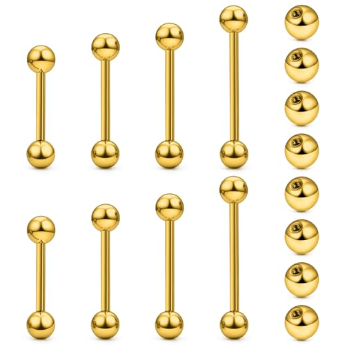 Msndnkwo 14G Nipple Tongue Rings Stainless Steel Straight Barbells Piercing Jewelry Short Long Bar Gold Bridge Piercings For Women Men 12Mm 14Mm 16Mm 18Mm Length Ball Size 5MM 6MM