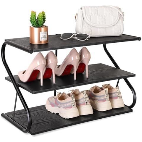 FEUFOAM Shoe Rack Wood 3-Tier S-Shape Shoe Racks for Closets Black Wood Grain Shoe Storage Organizer for Entryway, Hallway, Frant Door Entrance Cover
