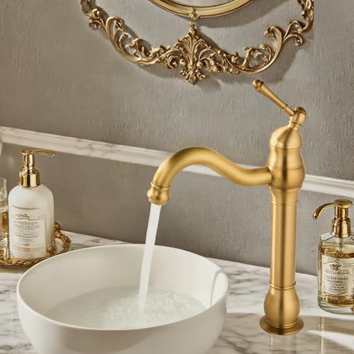 Image of ROVOGO Antique Brass Vintage Retro Tall Tap for Bathroom Basin, High Rise Bathroom Sink Mixer Tap with 360° Swivel Spout, Brass Construction Basin Mixer Tap, Cloakroom Classic Countertop Basin Faucet