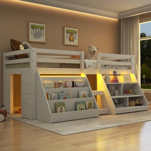 Kinderbett Halbhochbett 90x200 mit LED Beleuchtung, Einzelbett mit Treppe & Aufbewahrungsschrank, Stauraumbett Holzbett Funktionsbett Jugendbett mit Rausfallschutz & Lattenrost, Weiß, ohne Matratze Kinderbett Halbhochbett 90x200 mit LED Beleuchtung, Einzelbett mit Treppe & Aufbewahrungsschrank, Stauraumbett Holzbett Funktionsbett Jugendbett mit Rausfallschutz & Lattenrost, Weiß, ohne Matratze