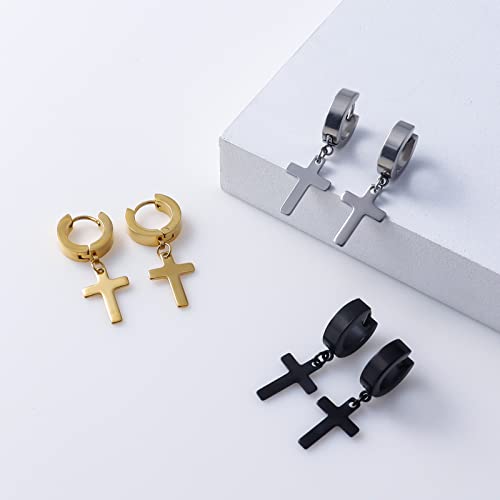 Halawly Men Earrings, Stainless Steel Hoop Stud Earrings Set For Women Girls, 3 Pairs/6 Pairs/10Pairs Small Huge Sliver Gold Black Cross Dangle Earrings Set Lightweight Fashion Party Birthday Jewelry #TOP5