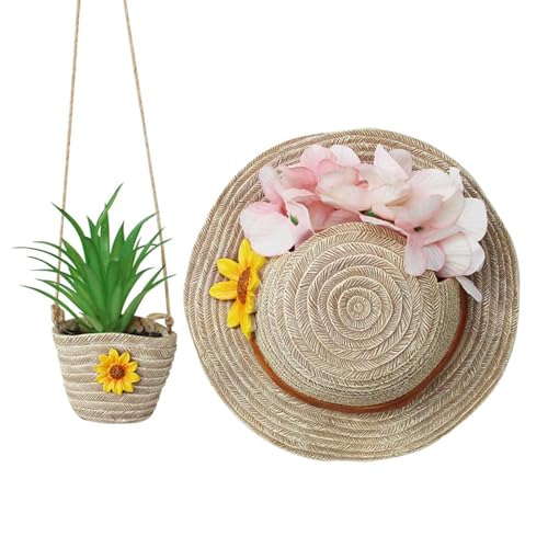 Macetas únicas, maceta de sombrero de paja de resina, soporte bohemio para suculentas, 1.93 x 1.38 x 1.57 pulgadas, decoración de pared de jardín de granja para orquídeas, cactus y plantas bonsái