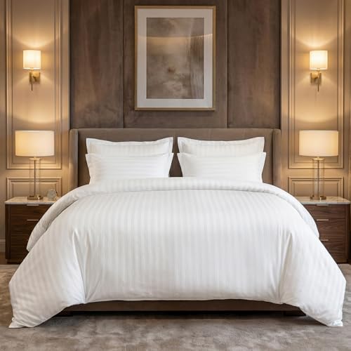 Image of LINENWALAS Cotton 300 Thread Count Double Size Bedsheet Set | 2 cm Sateen Stripe Design | Cloud-Soft, Breathable & Skin-Safe | Oeko-TEX Certified Hotel-Style Bedding (90 x 100, White)