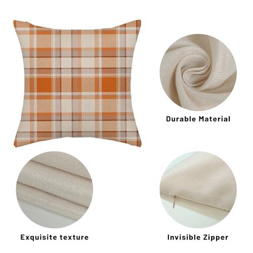 Gohdiwh Fall Pillow Covers 18x18 Set of 2 Autumn Burnt Orange Grey Buffalo Plaid Throw Pillows Thanksgiving Decorative Pillow Cases Checkered Outdoor Decor Linen Farmhouse Cushion Case for Couch - Image 7