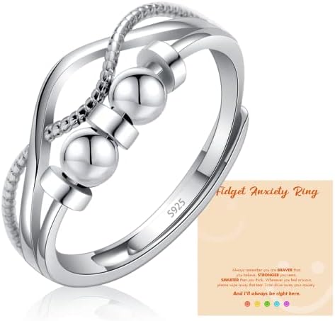Anxiety Ring to My Daughter,Sterling Silver Fidget Ring for Anxiety Women with Worry Beads Adjustable Open Stress Spinner Fidget Ring for Girl