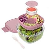 Bentgo Glass All-in-One Salad Container - Large 61-oz Salad Bowl with Lid, 4-Compartment Bento-Style Tray, 3-oz Sauce Container, and Reusable Fork - Dishwasher, Microwave, and Oven Safe (Rose)