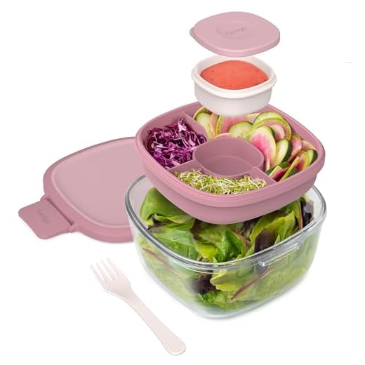 Bentgo® Glass All-in-One Salad Container - Large 61-oz Salad Bowl, 4-Compartment Bento-Style Tray for Toppings, 3-oz Sauce Container for Dressings, and Built-In Reusable Fork (Rose)