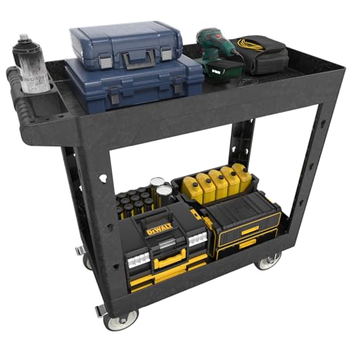Large Garage Plastic Utility Cart, Heavy Duty 2 Shelf Tool Cart Service Cart Rolling Push Carts with Ergonomic Handle 5″ Swivel Casters.