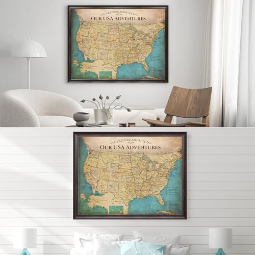 Image of DECORARTS - Oversized Personalized Push Pin Travel Map USA, Custom Name, Pin Board Canvas Wall Art, Antique Old United States Decor, Optional Wood Frame, Giclee Print, Handcrafted in USA, 40x30''
