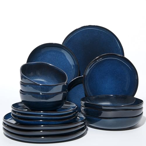 Image of Plates and Bowls Sets, 16 Pieces Dinnerware Set for 4 with Pasta Bowls, Handmade Dishes Set, Chip Resistant Dishware Sets, Microwave Safe Dinner Set, Designed for Interactive Meals, Starry Blue