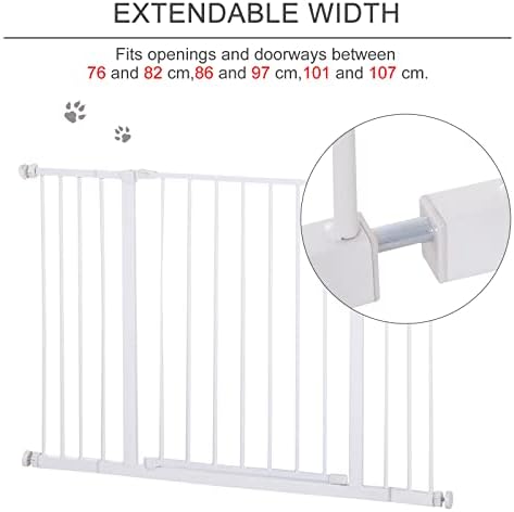 PawHut Dog Gate Pet Safety Gate Stair Barrier Pressure Fit Adjustable 76-82/86-97/101-107 cm, White