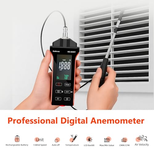 Digitales Heißdraht-Anemometer, Kethvoz HVAC Windgeschwindigkeitsmesser zur Messung der Luftgeschwindigkeit 0,1–30 m/s CFM/CMM Windstrom 0–999900 ft3/min Temperatur Feuchtigkeit