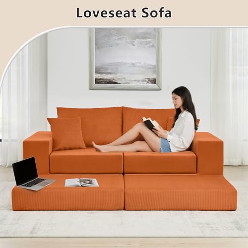 Image of L Shaped Boneless Couch Modular Sectional Sofa, Modern Cozy Corduroy Cloud Couch Loveseat with Ottoman, Memory Foam Convertible Sectional Sleeper Sofas for Living Room, Orange