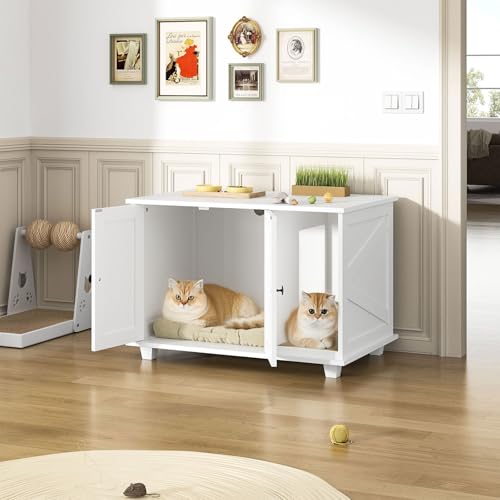 Image of Giluta Cat Litter Box Enclosure,Hidden Litter Box Furniture Cabinet with Scratching Pad,Wooden Pet House Side End Table for Living Room Washroom,31.5 x 20.5 x 21.6 Inches (White)