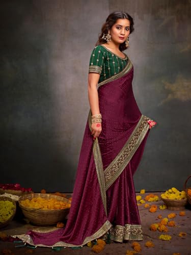 Image of AKHILAM Women's Pink Satin Silk Embroidered Saree with Unstitched Blouse Piece (SANCHI3001 SUM Parent)
