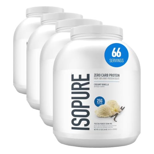 Image of Isopure Zero Carb 100% Pure Whey Isolate Protein Powder, Gluten Free, with Vitamins, Creamy Vanilla, 25g Protein Per Serving, 4.5 Lbs, 66 Servings (Packaging May Vary) (Pack of 4)