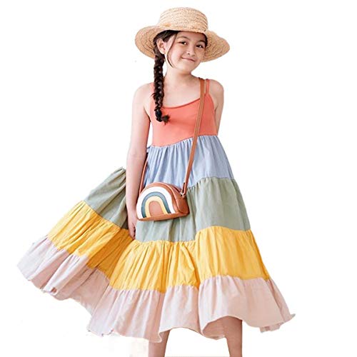 LXXIASHI Toddler Baby Girl One-Piece Strap Dress Sleeveless Rainbow Ruffle Beach Tutu Sundress Outfits (Halter - Orange, 5-6 Years)