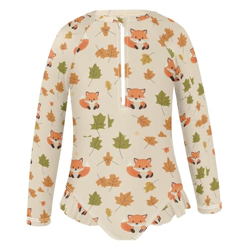 Cute Fox and Autumn Leaves Girls Long Sleeve Swimsuit Rash Guard One Piece Bathing Suits Zipper 3-12T2