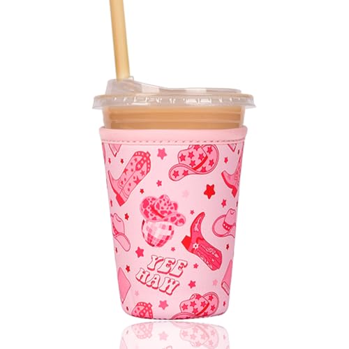 Image of Reusable Insulated Sleeve for Iced Coffee Cup, Coffee Neoprene Sleeve for Cold & Hot Drinks, Beverage Holder for Iced Coffee (Pink Cowgirl, Small: 16-18oz)